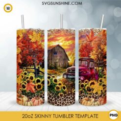 Fall Autumn 20oz Skinny Tumbler Template PNG, Autumn Pumpkin Sunflower Truck Skinny Tumbler Design PNG File