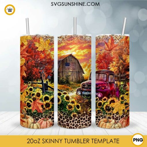 Fall Autumn 20oz Skinny Tumbler Template PNG, Autumn Pumpkin Sunflower Truck Skinny Tumbler Design PNG File