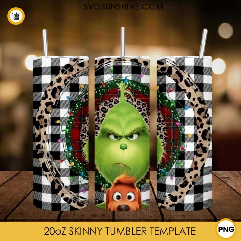 Grinch Leopard Buffalo Plaid 20oz Skinny Tumbler Template PNG, Grinch Christmas Tumbler Design PNG File Digital Download