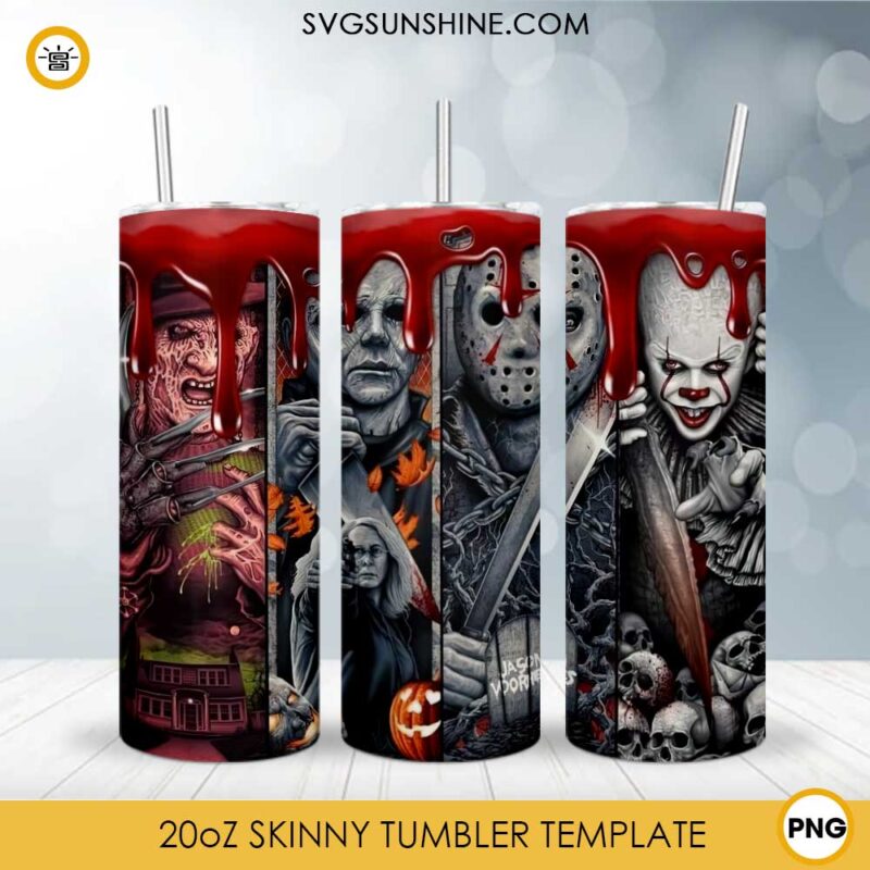 Horror Killers Blood 20oz Skinny Tumbler Template PNG, Freddy Vs Jason Vs Michael Myers Skinny Tumbler Design PNG File Digital Download
