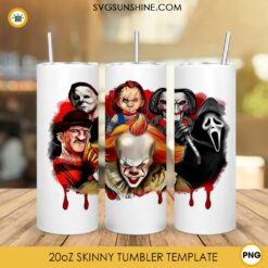 Pennywise Freddy Krueger Ghostface Killer 20oz Skinny Tumbler Template PNG, Halloween Art Skinny Tumbler Design PNG File Digital Download