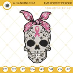 Skull Breast Cancer Awareness Embroidery Designs, Skull Pink Ribbon Embroidery Design File