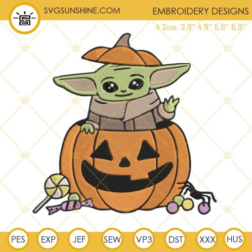 Baby Yoda Pumpkin Embroidery Design, Baby Yoda Halloween Machine Embroidery Designs
