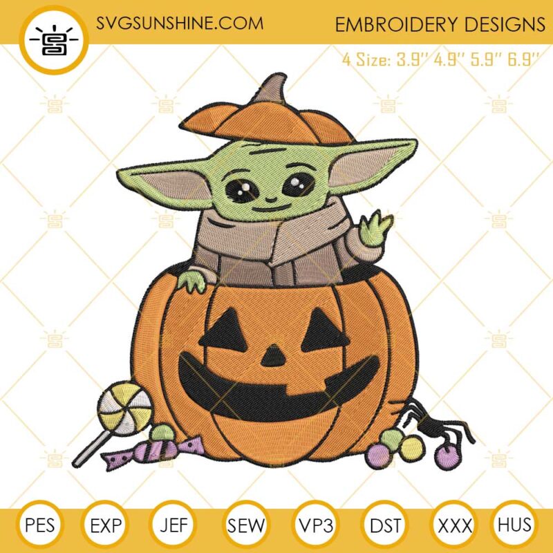 Baby Yoda Pumpkin Embroidery Design, Baby Yoda Halloween Machine Embroidery Designs