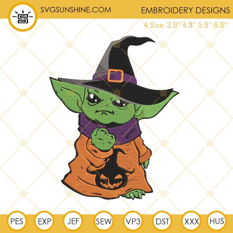 Baby Yoda Witch Embroidery Designs, Baby Yoda Halloween Embroidery Design File