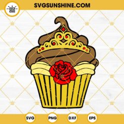 Belle Beauty And The Beast Cupcake SVG, Belle Crown Rose Dress Birthday SVG PNG DXF EPS