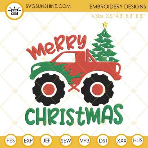 Merry Christmas Monster Truck Machine Embroidery Design File