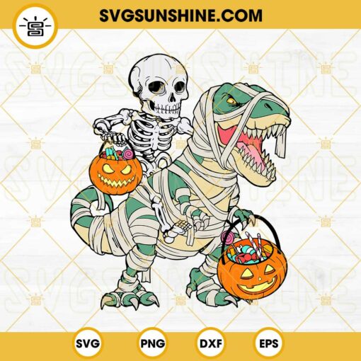 Halloween Skeleton Riding Mummy Dinosaur SVG, T Rex Pumpkin Halloween SVG, Skeleton Halloween SVG