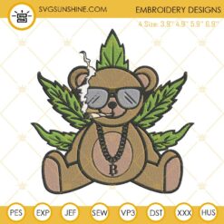 Marijuana Bear Embroidery Designs, Gangsta Bear Smoking Weed Cannabis Embroidery Design Files