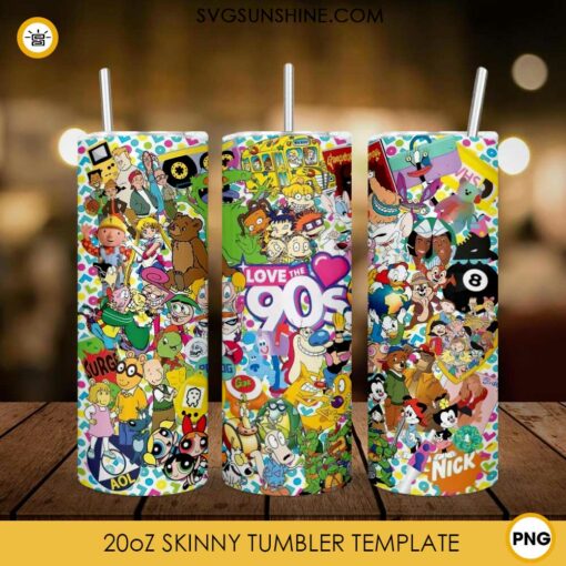 Love The 90s Cartoon 20oz Skinny Tumbler PNG, Cartoon 90s Lover Tumbler PNG File Digital Download