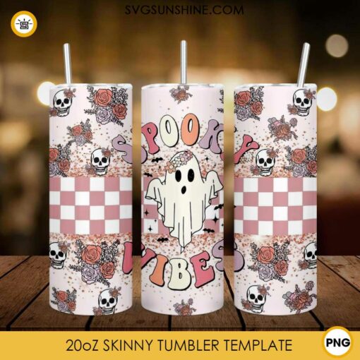 Spooky Vibes 20oz Tumbler PNG, Spooky Flowers Ghost Halloween Skinny Tumbler PNG Design Files