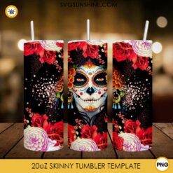 Sugar Skull Girl 20oz Skinny Tumbler Template PNG, 20oz Skinny Tumbler Sugar Skull Catrina PNG Designs