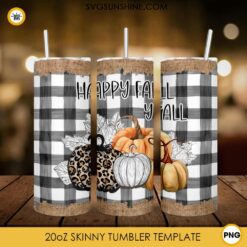 Happy Fall Y'all Pumpkin 20oz Skinny Tumbler Template PNG, Pumpkin Buffalo Pattern Tumbler Template PNG File Digital Download