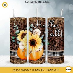 Hello Fall Sunflower Pumpkin 20oz Tumbler Template PNG, Pumpkin Sunflower Leopard Tumbler PNG File