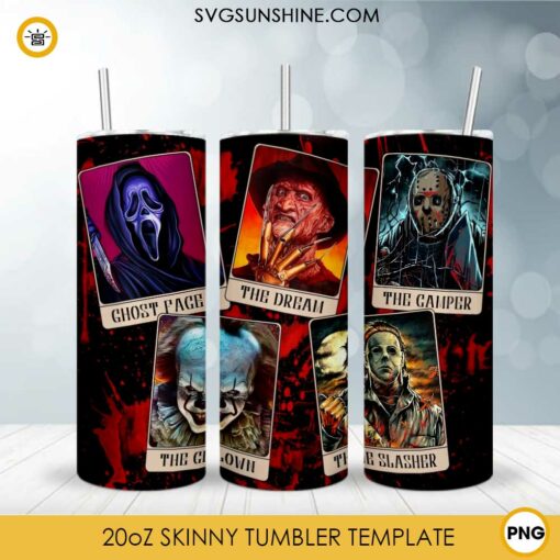 Horror Characters Card 20oz Skinny Tumbler PNG, Michael Myers Freddy Krueger Tumbler Template PNG File