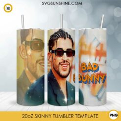 Bad Bunny 20oz Skinny Tumbler Template PNG, Bad Bunny Poster Tumbler PNG File Digital Download