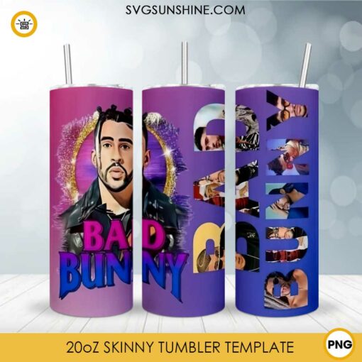 Bad Bunny Poster Designs 20oz Skinny Tumbler Template PNG, Bad Bunny Tumbler PNG File Digital Download
