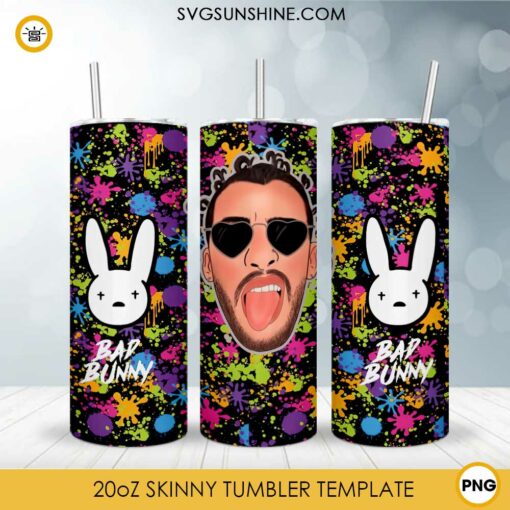 Bad Bunny Watercolor Design 20oz Skinny Tumbler Template PNG, Bad Bunny Tumbler PNG File Digital Download