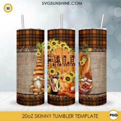 Fall Gnome Sunflower 20oz Skinny Tumbler Template PNG, Fall Tumbler PNG File Digital Download