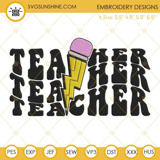 Teacher Pencil Lightning Bolt Embroidery Design File, Teacher Embroidery Designs