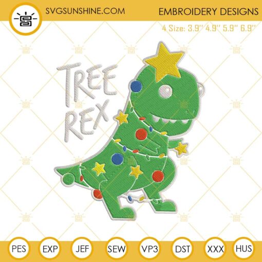 Tree Rex Christmas Embroidery Design File, T-rex Dinosaur Christmas Tree Embroidery Designs