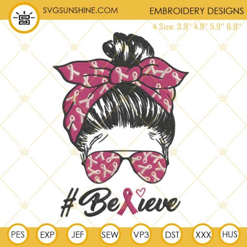 Messy Bun Breast Cancer Awareness Machine Embroidery Design File