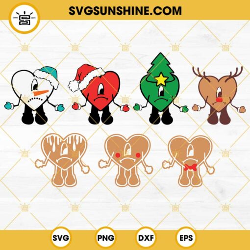 Bad Bunny Heart Christmas SVG Bundle, Bad Bunny Santa Claus, Snowman, Gingerbread Cookies Christmas SVG Cut Files