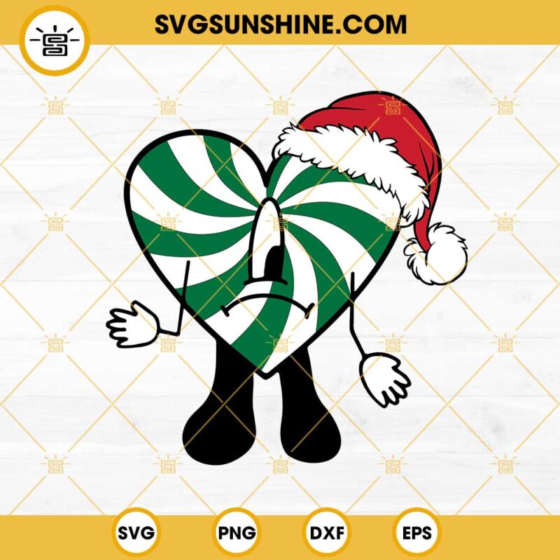 Bad Bunny Heart Candy Cane Christmas SVG, Bad Bunny Santa Claus Hat SVG