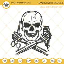 Barber Skull Embroidery Designs, Skull Hair Stylist Hair Hustler Embroidery Design File