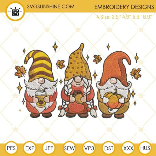 Fall Gnomes Embroidery Design File, Autumn Gnome Machine Embroidery Design File