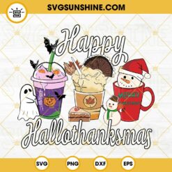 Happy Hallothanksmas SVG, Halloween, Thanksgiving, Christmas Coffee Latte Pumpkin Spice Iced SVG PNG DXF EPS