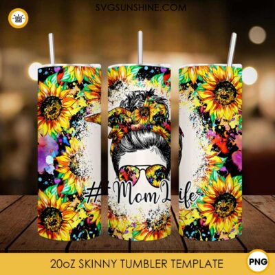 Mom Life Sunflower Hippie 20oz Skinny Tumbler PNG, Messy Bun Sunflower ...