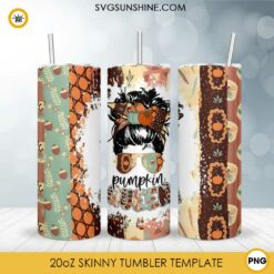Pumpkin Queen 20oz Skinny Tumbler PNG, Messy Bun Pumpkin Tumbler Template PNG File Digital Download