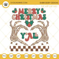 Christmas Yall Skeleton Hand Embroidery Designs, Skeleton Merry Christmas Embroidery Design File