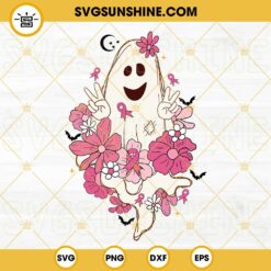 Spooky Ghost Breast Cancer SVG, Breast Cancer Awareness Pink Flowers Ghost Halloween SVG PNG DXF EPS