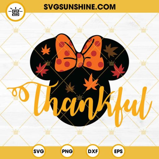 Thankful Minnie Mouse SVG, Minnie Head Fall Autumn leaves SVG, Minnie Thankful Thanksgiving SVG