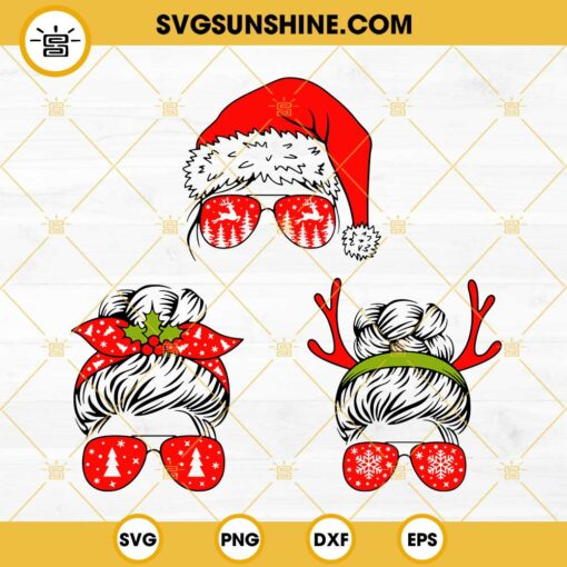 Messy Bun Christmas SVG Bundle, Mom Sunglasses Christmas SVG, Mom Santa Hat Bandana Christmas SVG Bundle