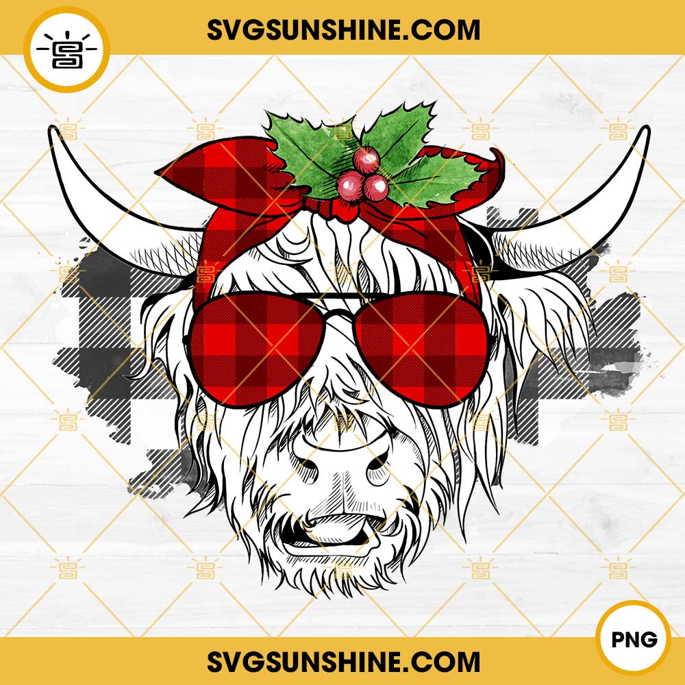 Christmas Cow With Buffalo Plaid Bandana PNG, Highland Cattle Cow Merry Christmas PNG File