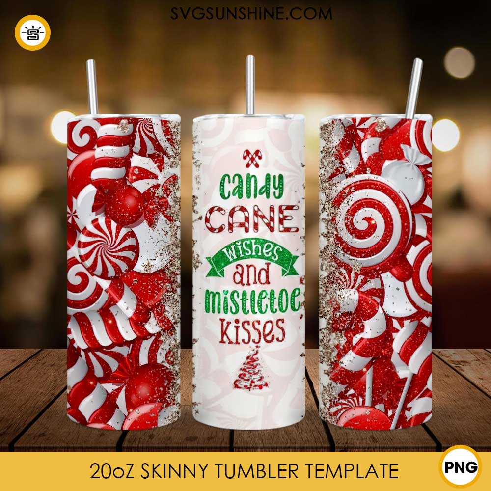 Candy Cane Wishes And Mistletoe Kisses 20oz Tumbler Template PNG, Candy Cane Christmas Tumbler PNG File