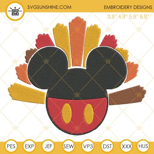 Turkey Mickey Embroidery Design, Thanksgiving Embroidery Design File