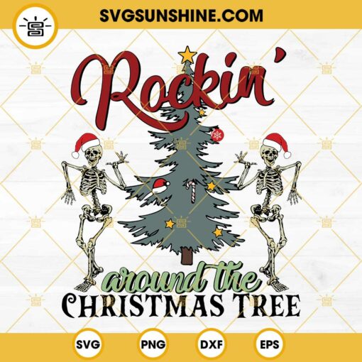 Skeleton Rockin' Around The Christmas Tree SVG, Skeleton Dancing Christmas SVG, Skeleton Santa Hat SVG