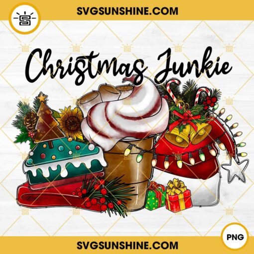 Christmas Junkie PNG Design, Christmas Cakes, Hot Cocoa, Santa Claus Hat Christmas Lights PNG File Digital Download