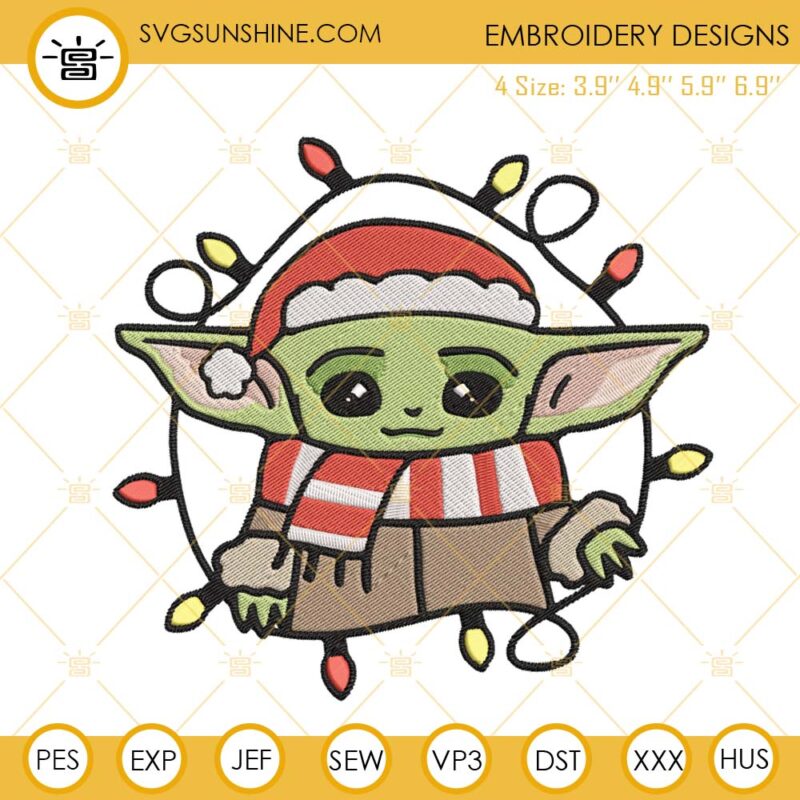 Baby Yoda Christmas Light Embroidery Design, Star Wars Christmas