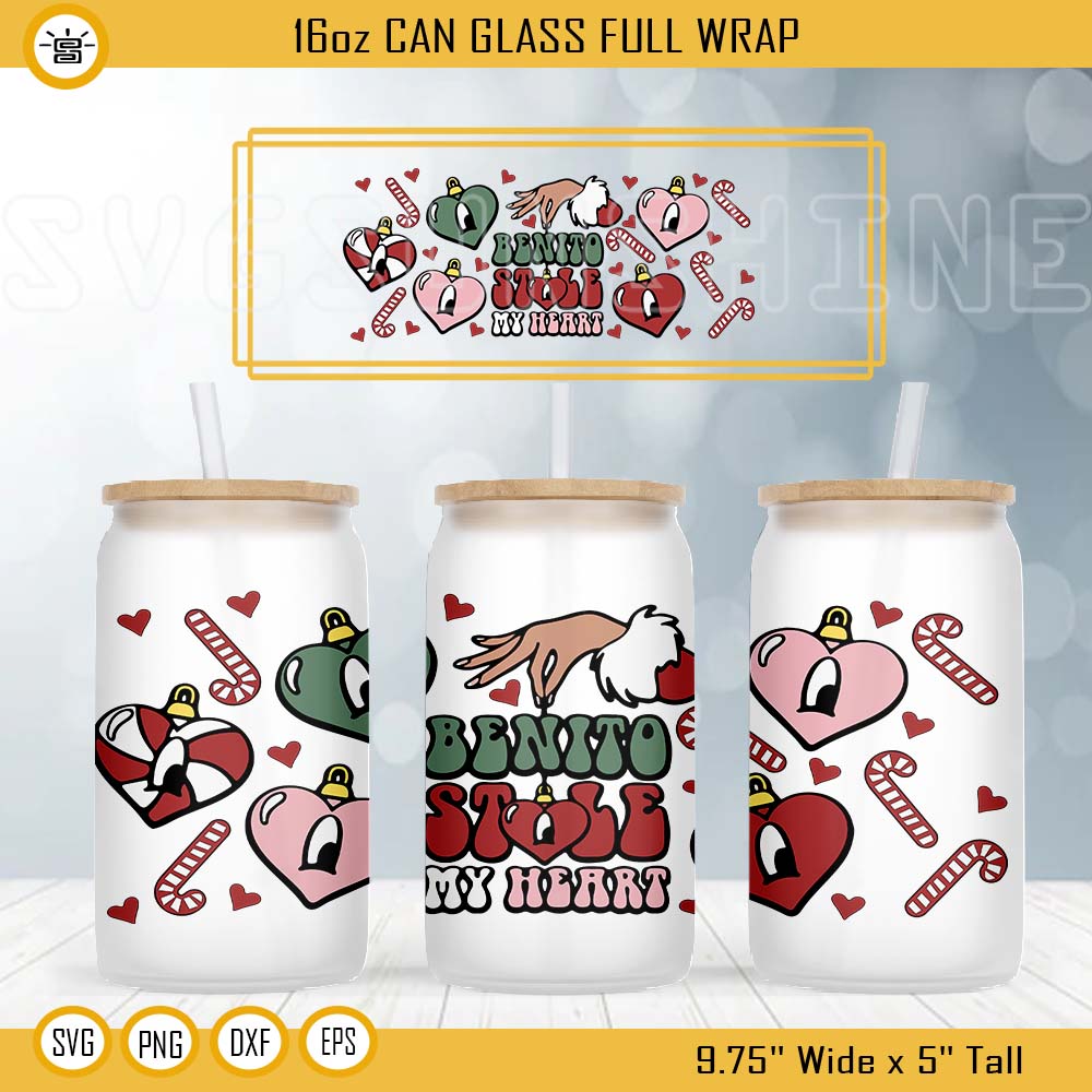 Benito Stole My Heart Libbey 16oz Can Glass Full Wrap SVG, Bad Bunny Christmas Can Glass Wrap SVG