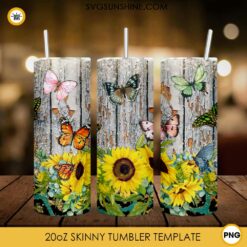 Butterfly Sunflower 20oz Skinny Tumbler Wrap PNG, Tumbler Template PNG Digital Download