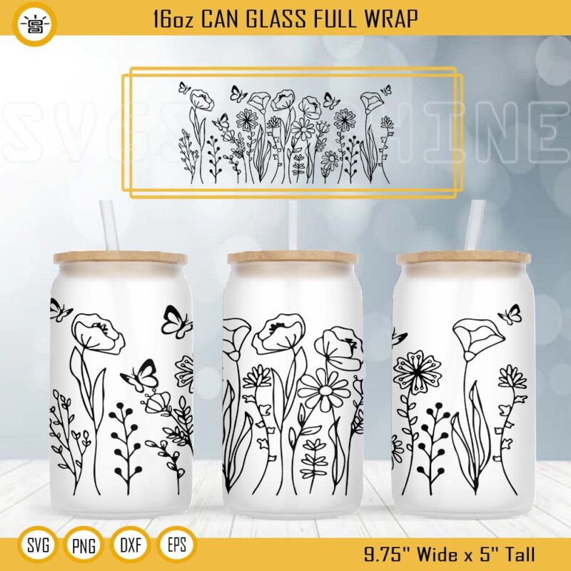 Floral With Butterfly Libbey 16oz Can Glass Full Wrap SVG PNG DXF EPS ...