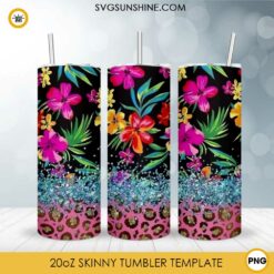 Flowers Leopard Glitter Print Tumbler Designs PNG, Flower 20oz Skinny Tumbler Wrap PNG
