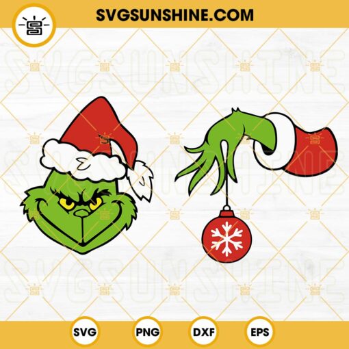 Grinch Face And Grinch Hand SVG Bundle, Grinch Face SVG, Grinch Hand With Ornament SVG, Christmas Grinch SVG