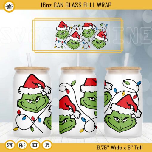 Grinch Face Libbey 16oz Can Glass Full Wrap SVG PNG DXF EPS Instant Download