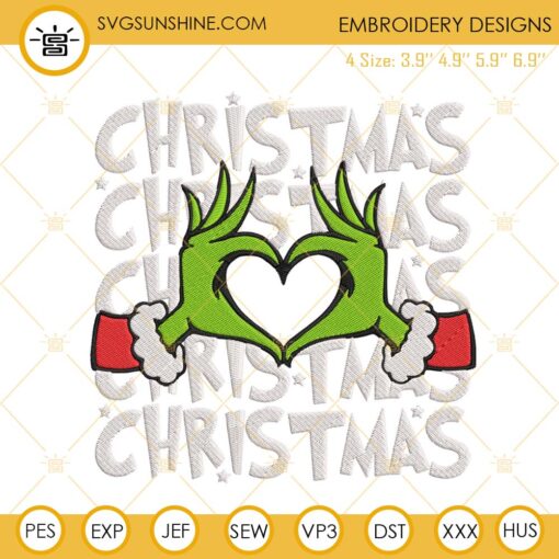 Grinch Hand Heart Christmas Embroidery Design
